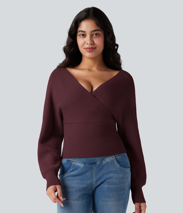 V-neck Batwing Long Sleeve Cut-out Casual Sweater