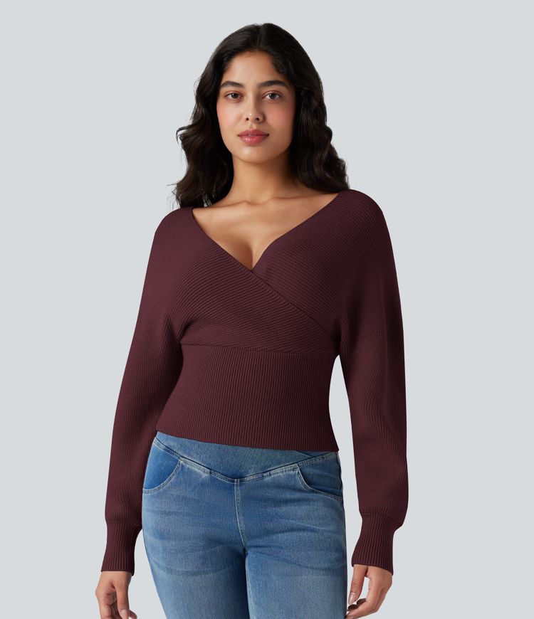 V-neck Batwing Long Sleeve Cut-out Casual Sweater