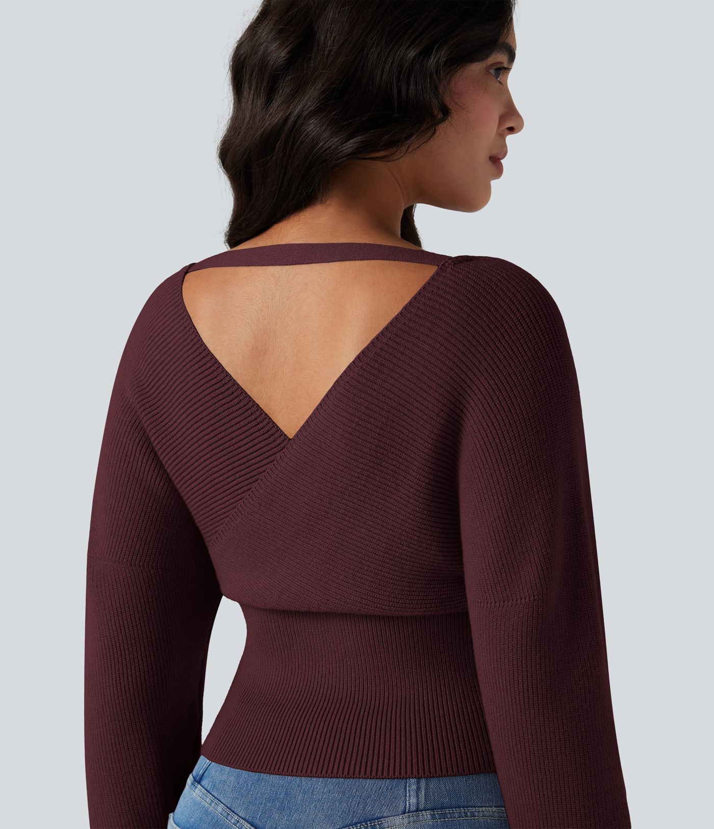 V-neck Batwing Long Sleeve Cut-out Casual Sweater
