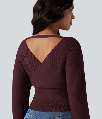 V-neck Batwing Long Sleeve Cut-out Casual Sweater