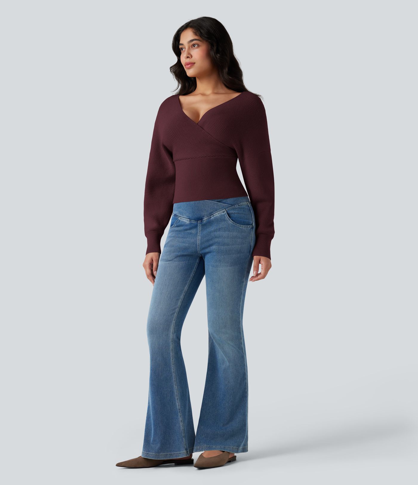 V-neck Batwing Long Sleeve Cut-out Casual Sweater