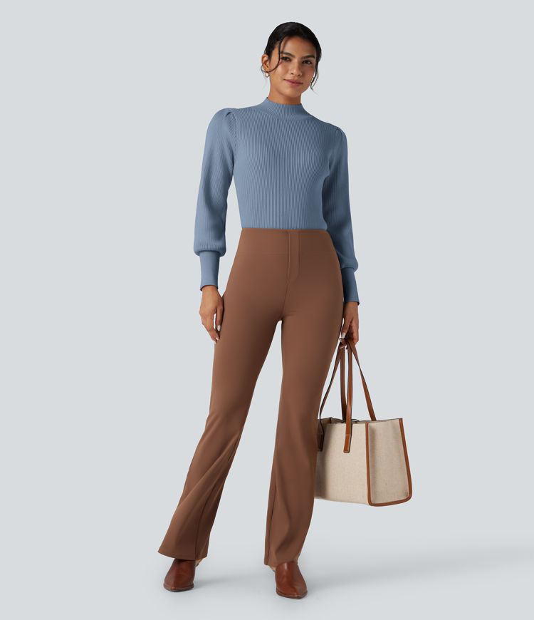 Legerer, langer Pullover mit Stehkragen und Puffärmeln