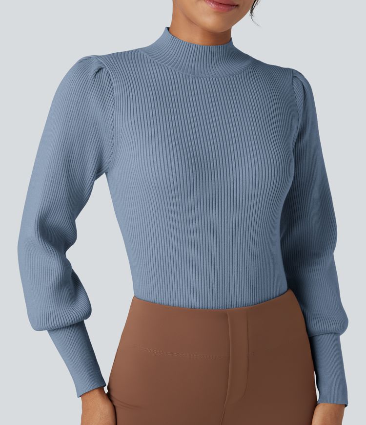 Legerer, langer Pullover mit Stehkragen und Puffärmeln