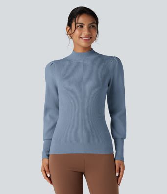 Legerer, langer Pullover mit Stehkragen und Puffärmeln