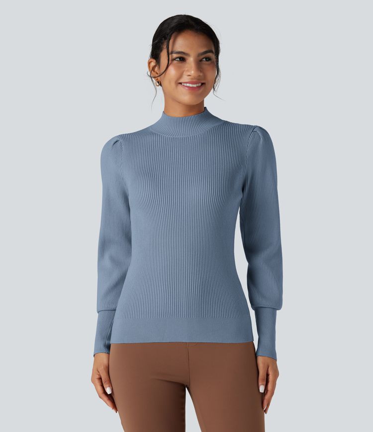 Legerer, langer Pullover mit Stehkragen und Puffärmeln