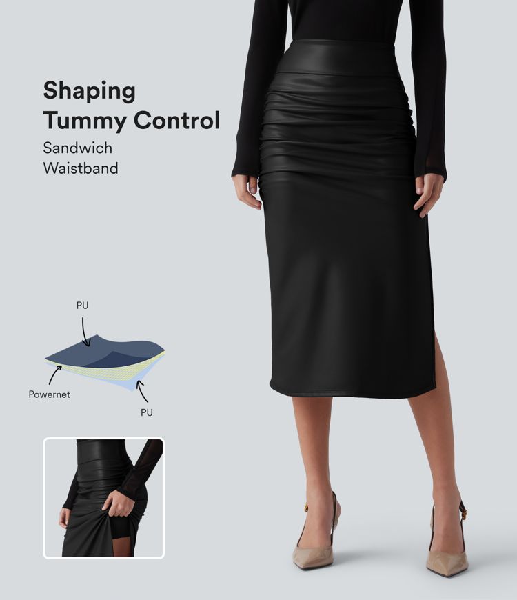 High Waisted Tummy Control Ruched Curved Hem 2-in-1 Fleece PU Midi Casual Skirt