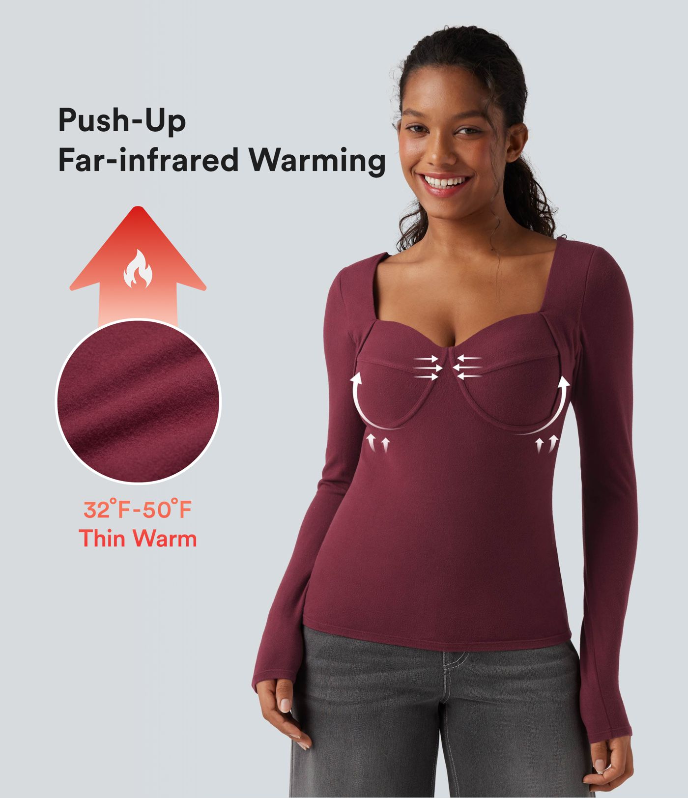 Skin décontracté et chauffant à col en cœur, push-up, quelques longues — bonnets D-F