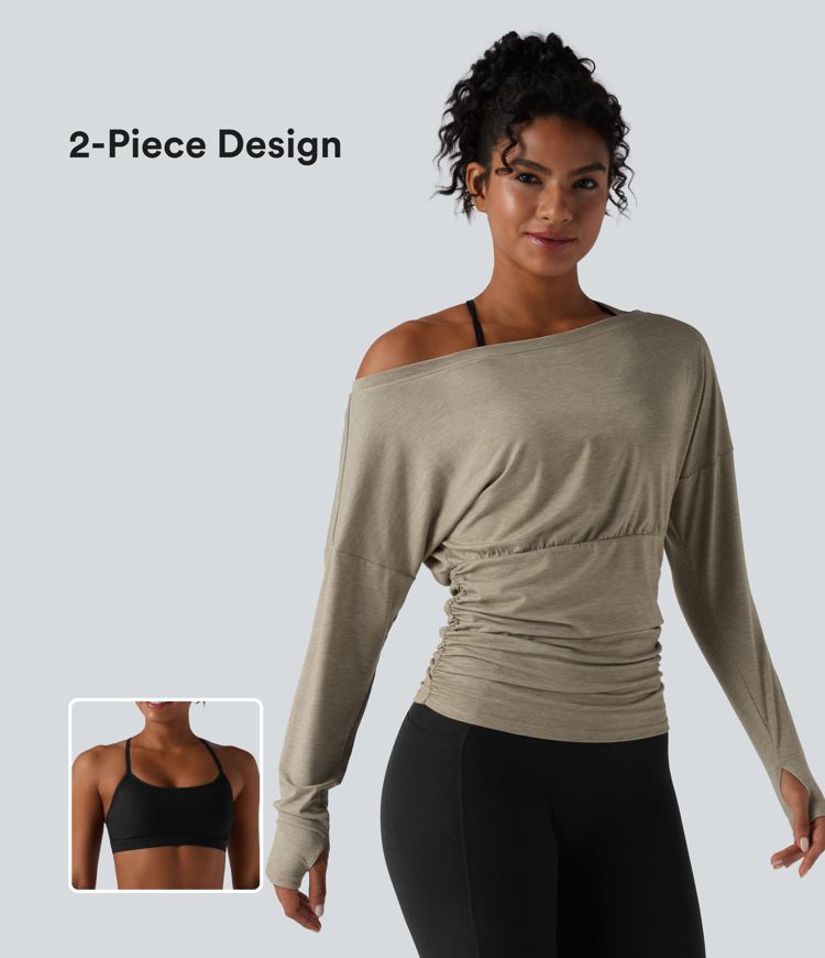 2-Piece One Shoulder Long Sleeve Thumb Hole Ruched Casual Sports Top