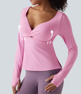 SoftlyZero™ Airy Push-Up Twisted Long Sleeve Thumb Holes Split Hem Yoga Sports Top DD-F Cups