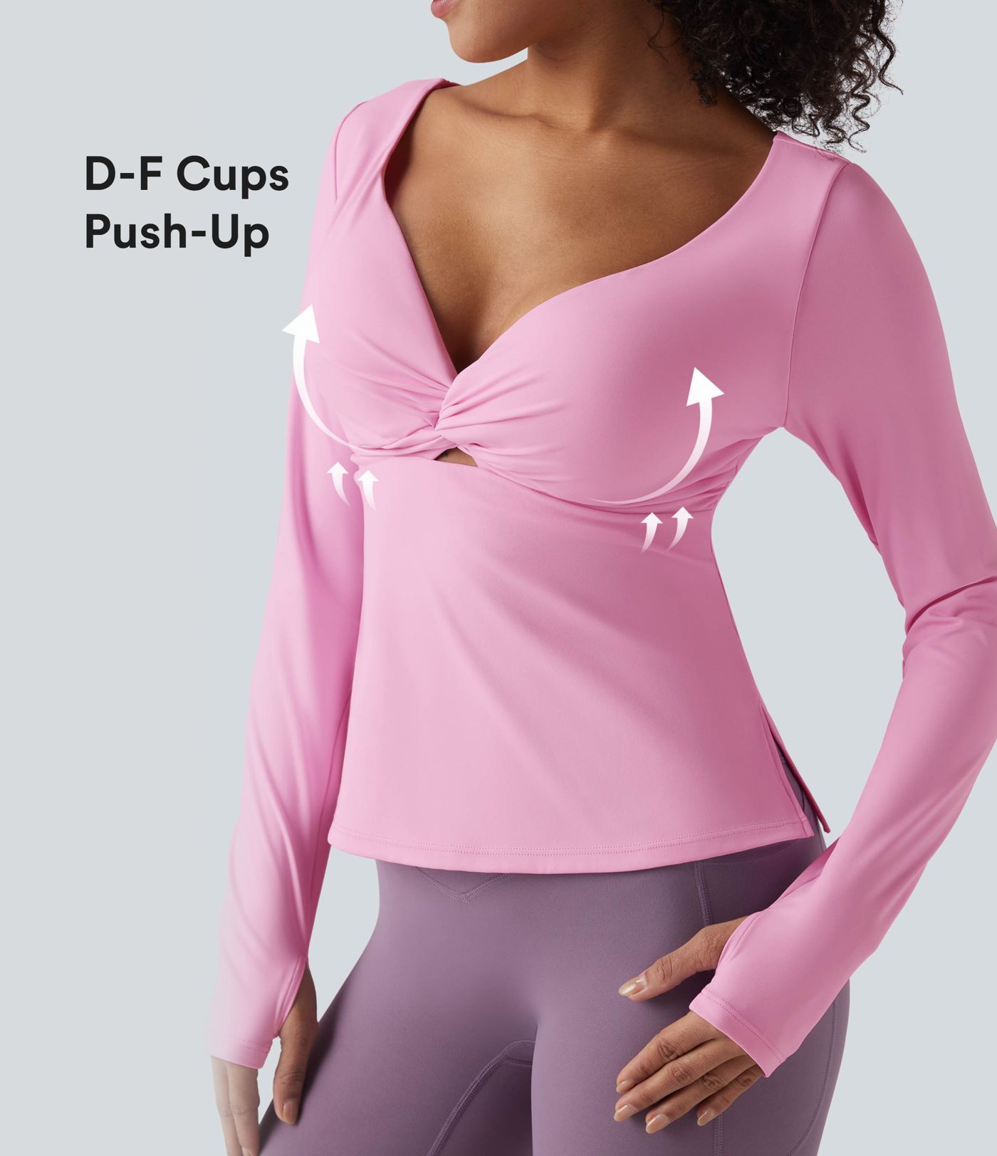 SoftlyZero™ Airy Push-Up Twisted Long Sleeve Thumb Holes Split Hem Yoga Sports Top D-F Cups