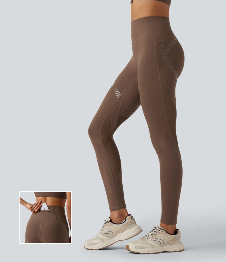 SoftlyZero™ High Waisted Contrast Mesh Glossy Silicone Print Yoga 7/8 Leggings with Pocket-UPF50+