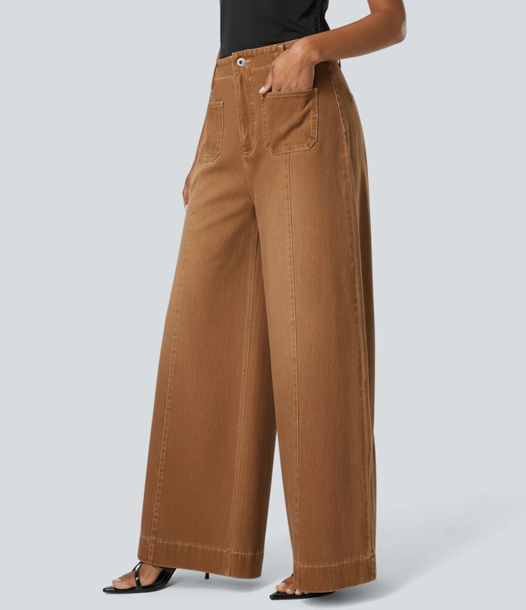 Halara Flex™ Mid Rise Wide Leg Casual Brown Jeans with Pockets