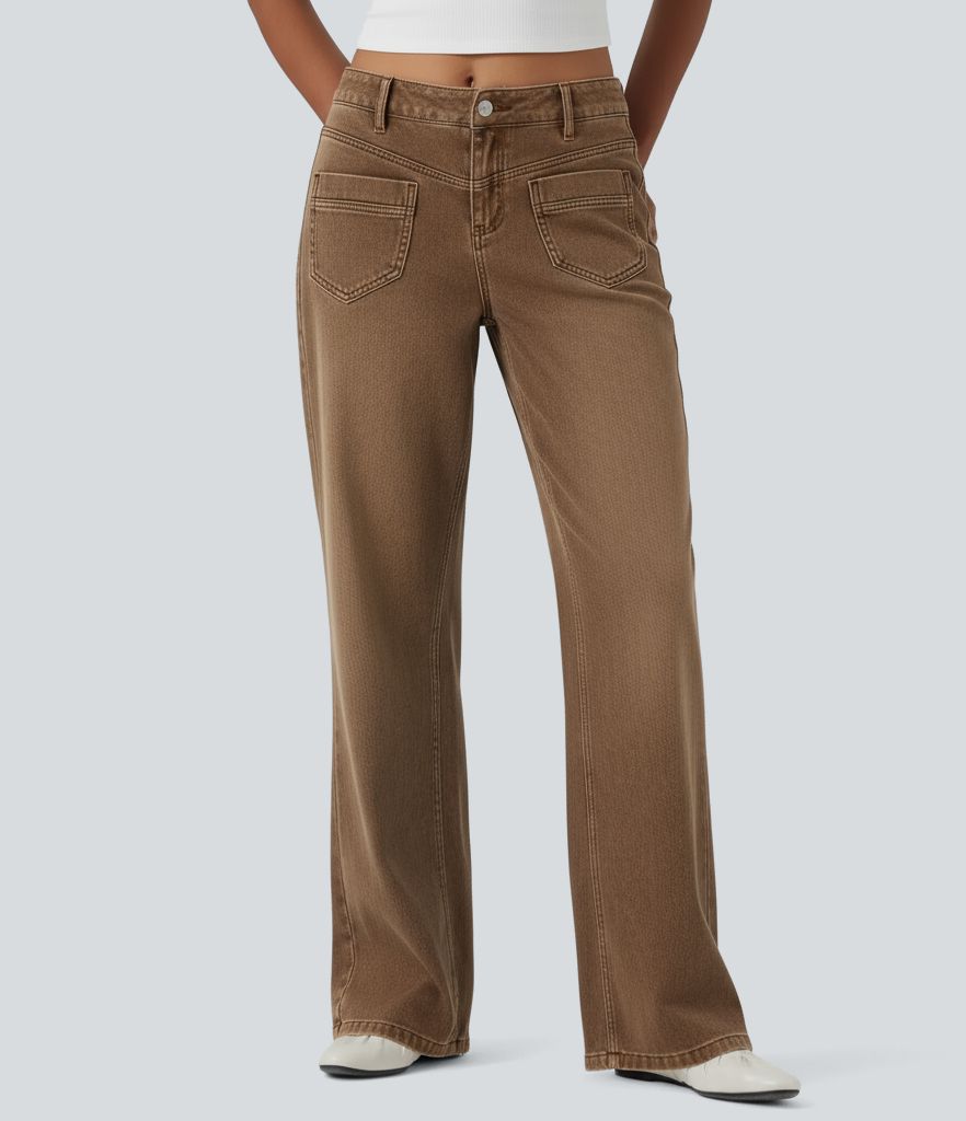 Halara Flex™ Mid Rise Straight Leg Casual Brown Jeans with Pockets