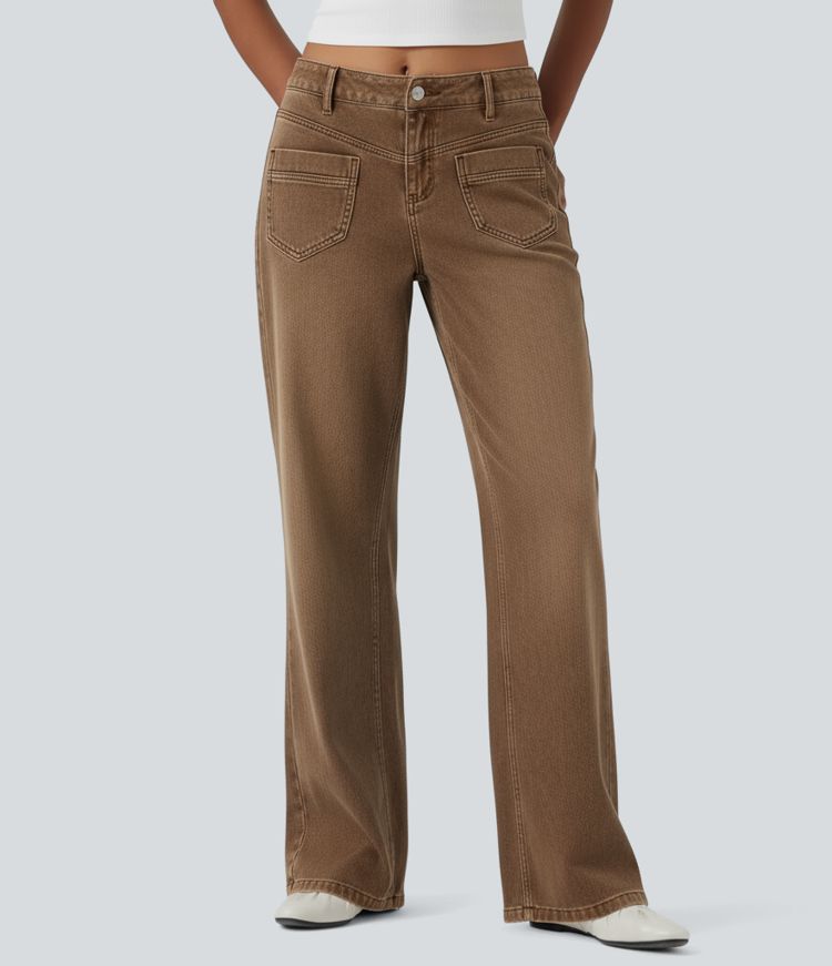 Halara Flex™ Mid Rise Straight Leg Casual Brown Jeans with Pockets