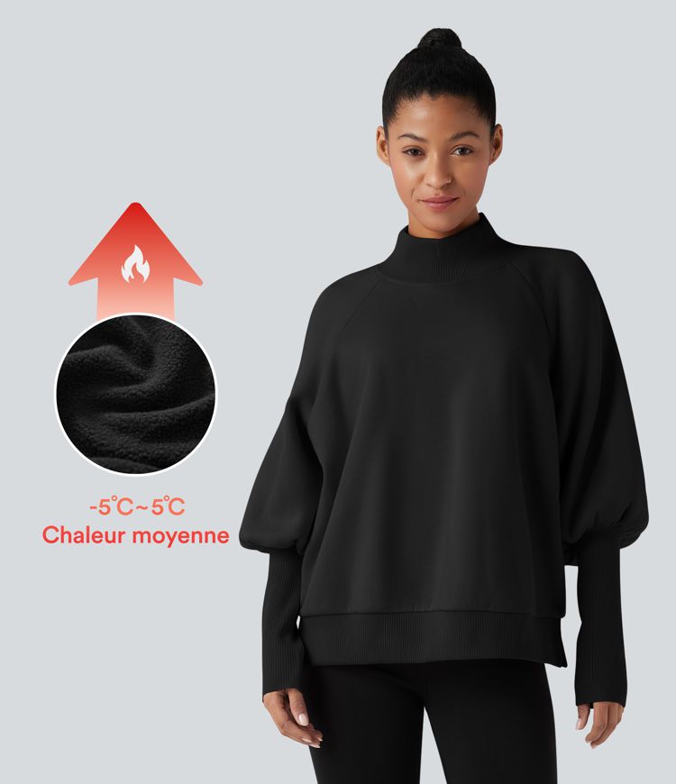 Sudadera casual de forro polar con cuello alto tipo mock y mangas largas estilo bishop