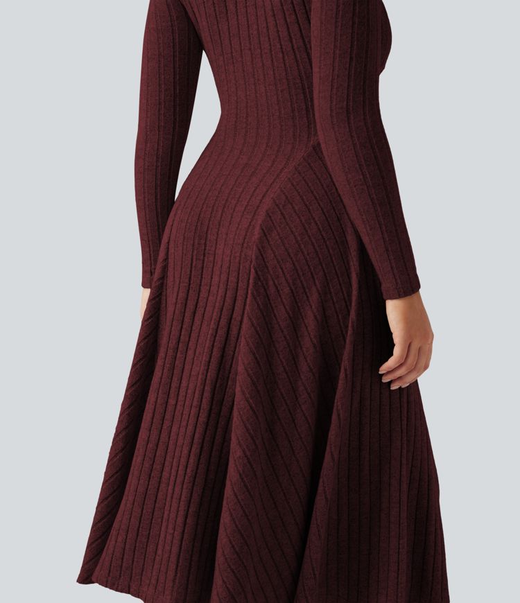 Ribbed Knit V Neck Long Sleeve Flare Midi Casual Dress
