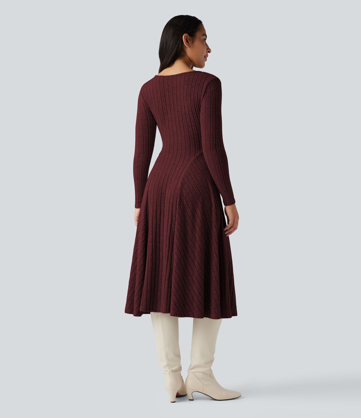Ribbed Knit V Neck Long Sleeve Flare Midi Casual Dress