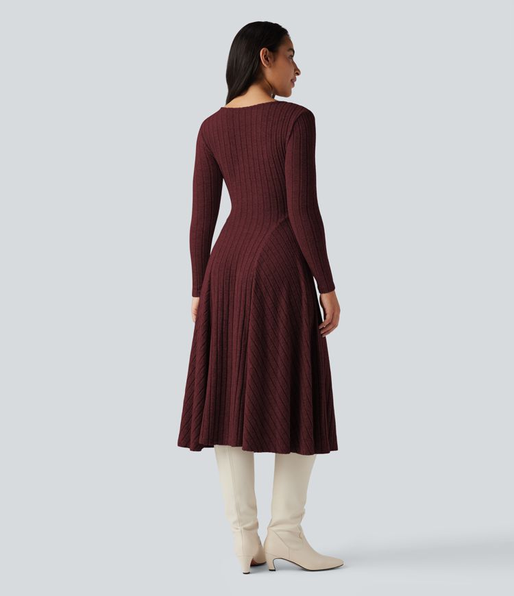 Ribbed Knit V Neck Long Sleeve Flare Midi Casual Dress