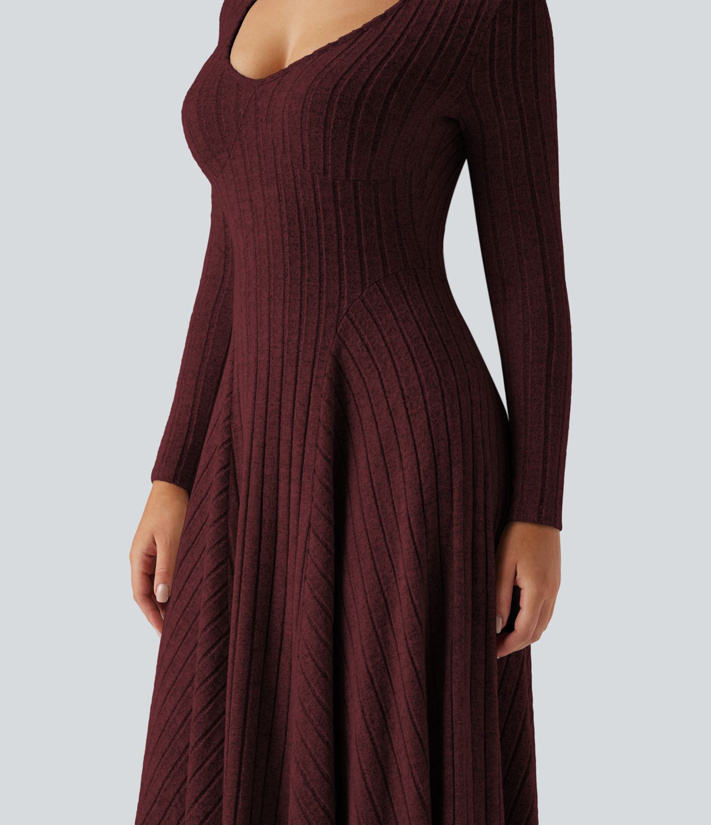 Ribbed Knit V Neck Long Sleeve Flare Midi Casual Dress