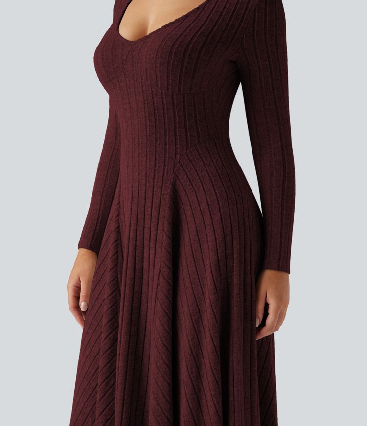 Ribbed Knit V Neck Long Sleeve Flare Midi Casual Dress