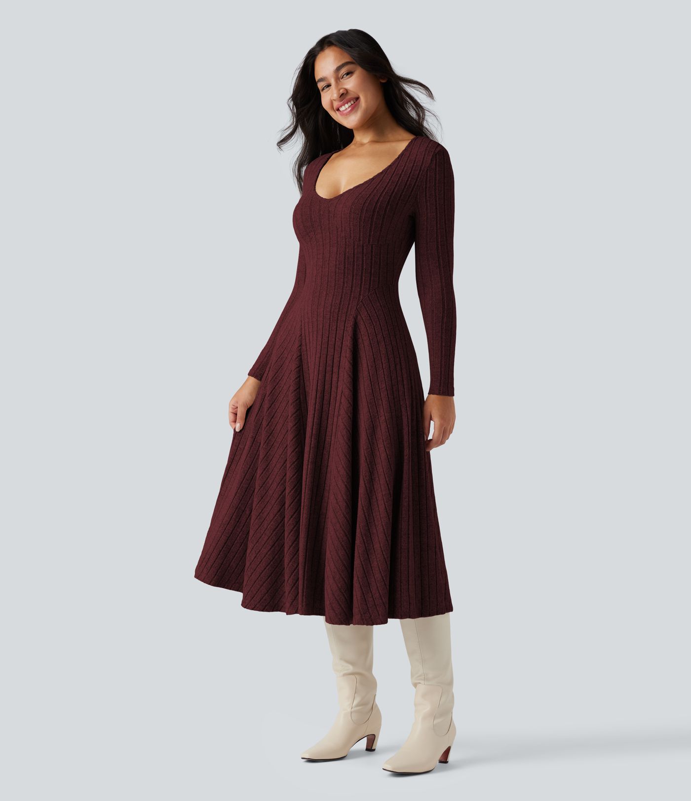 Ribbed Knit V Neck Long Sleeve Flare Midi Casual Dress