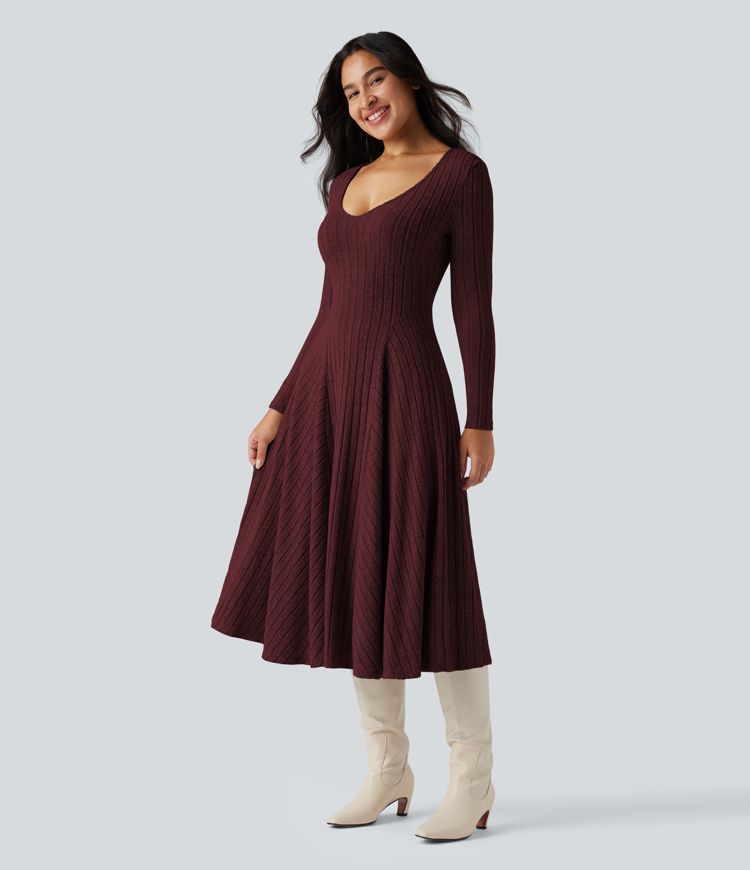 Ribbed Knit V Neck Long Sleeve Flare Midi Casual Dress
