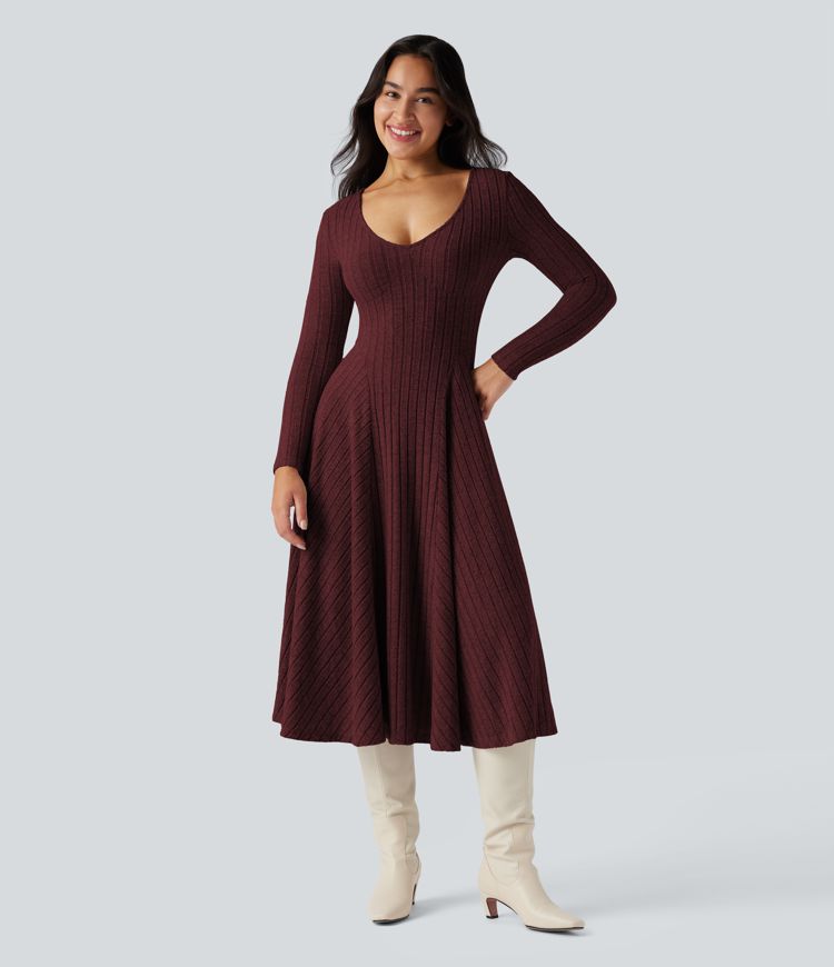 Ribbed Knit V Neck Long Sleeve Flare Midi Casual Dress