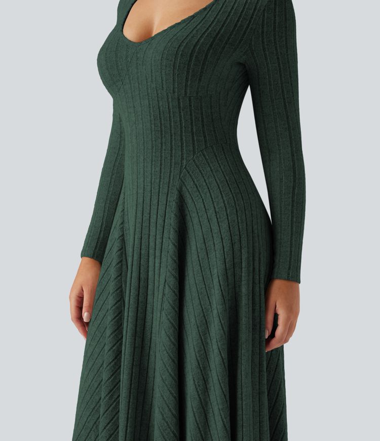 Ribbed Knit V Neck Long Sleeve Flare Midi Casual Dress