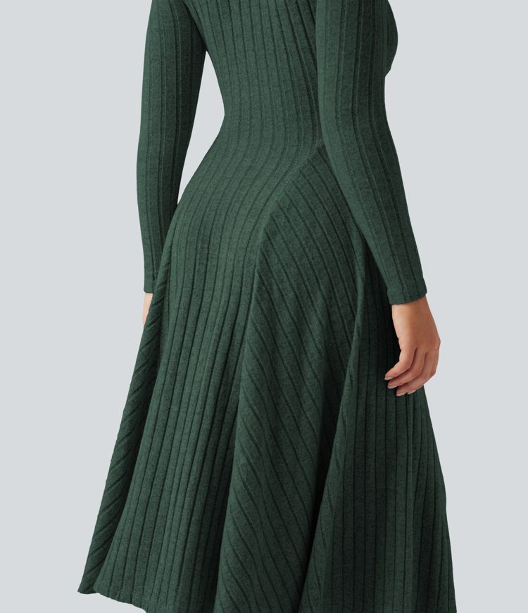 Ribbed Knit V Neck Long Sleeve Flare Midi Casual Dress
