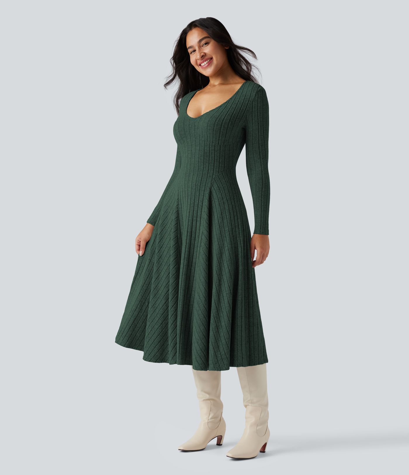 Ribbed Knit V Neck Long Sleeve Flare Midi Casual Dress