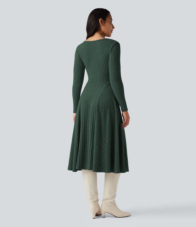 Ribbed Knit V Neck Long Sleeve Flare Midi Casual Dress