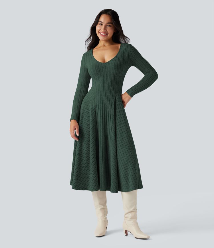 Ribbed Knit V Neck Long Sleeve Flare Midi Casual Dress