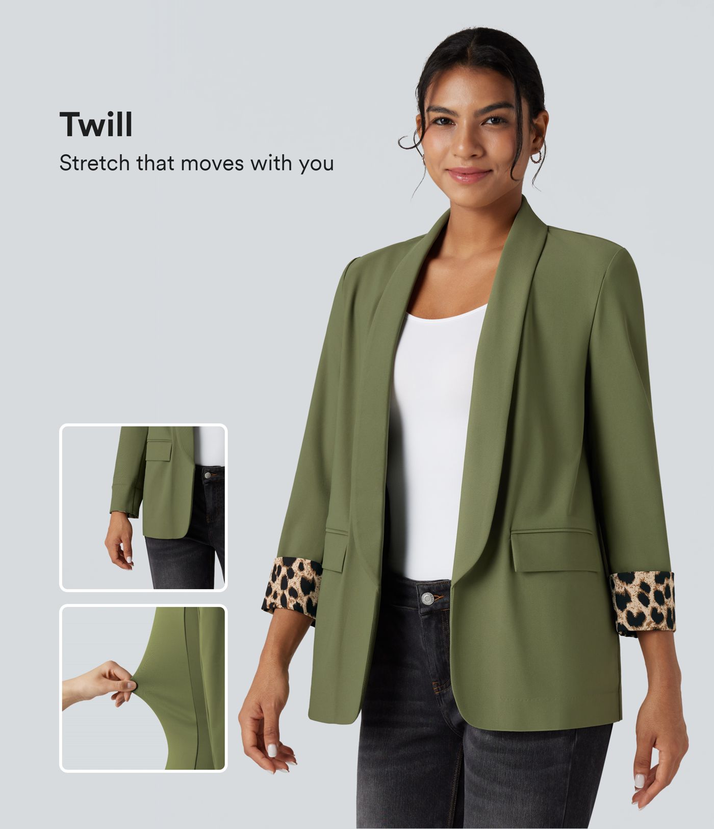 Twill blazer with a collar, side pockets, long sleeves and leopard print Twill blazer with a collar, side pockets, long sleeves and leopard print