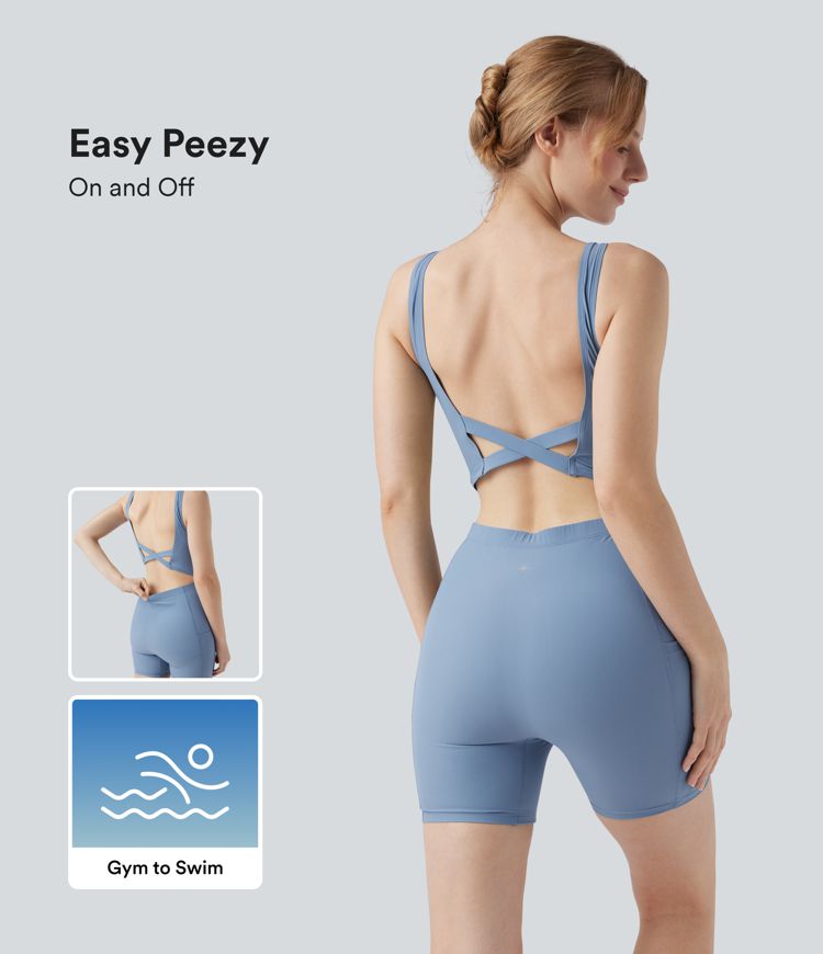 Backless U-Neck Sleeveless One Piece Swimsuit with Pockets-Easy Peezy