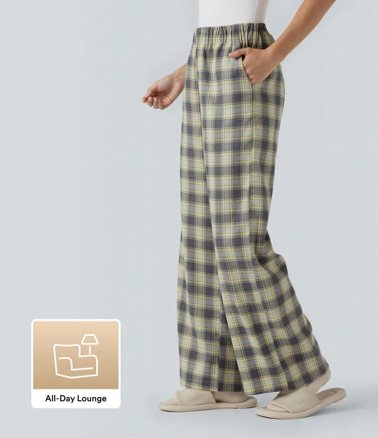 Mustard Plaid High Waisted Plaid Baggy Lounge Pants with Pockets / 1