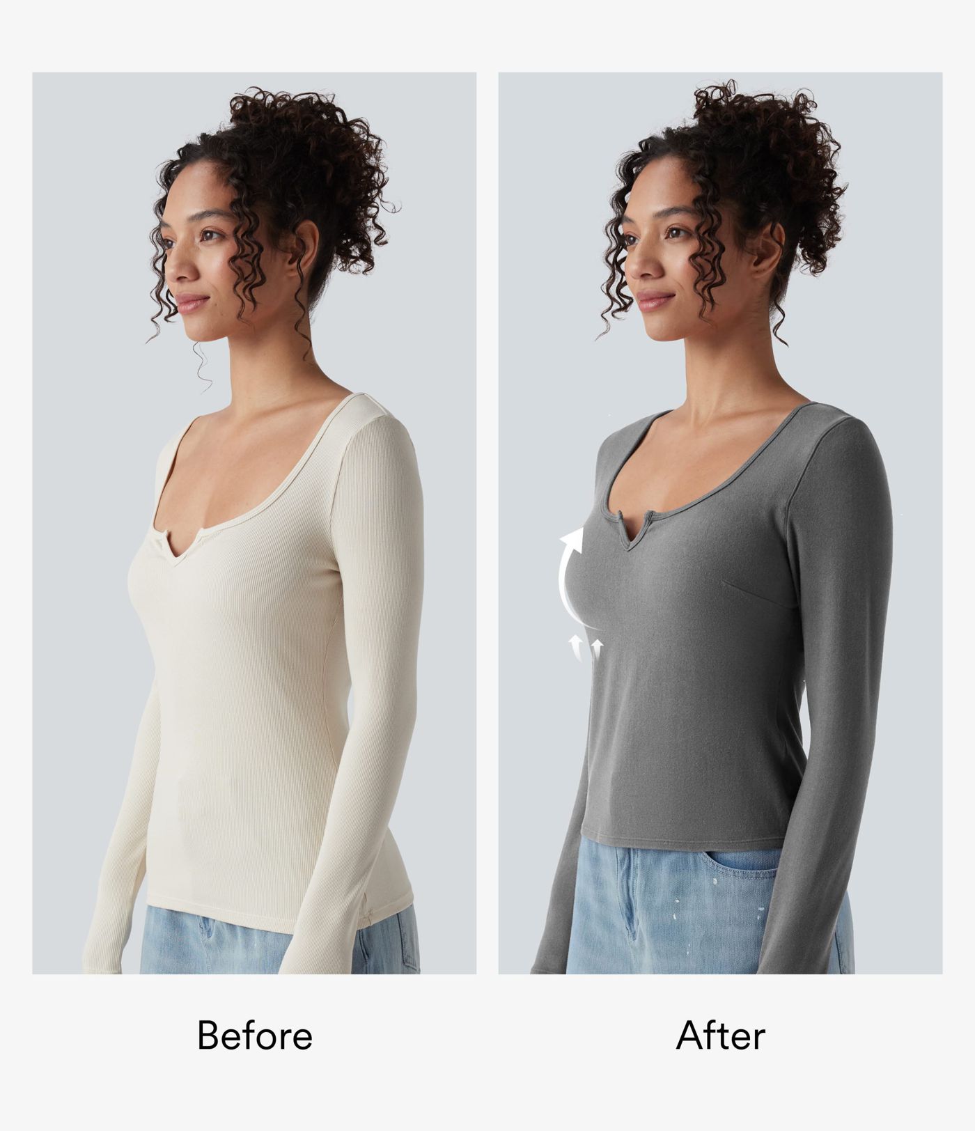 Push-Up Molded Cups Notched Long Sleeve Casual Warming Top A/B Cup