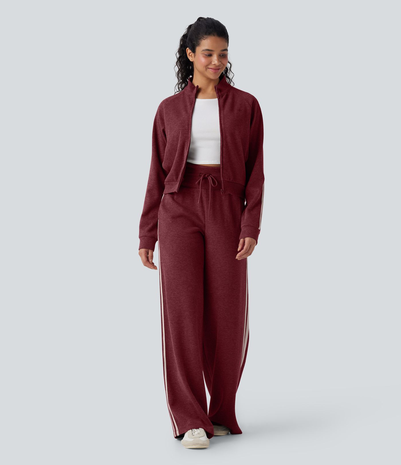 Ribbed High Waisted Tummy Control Drawstring Wide Leg Color Block Fleece Casual Trousers with Pockets