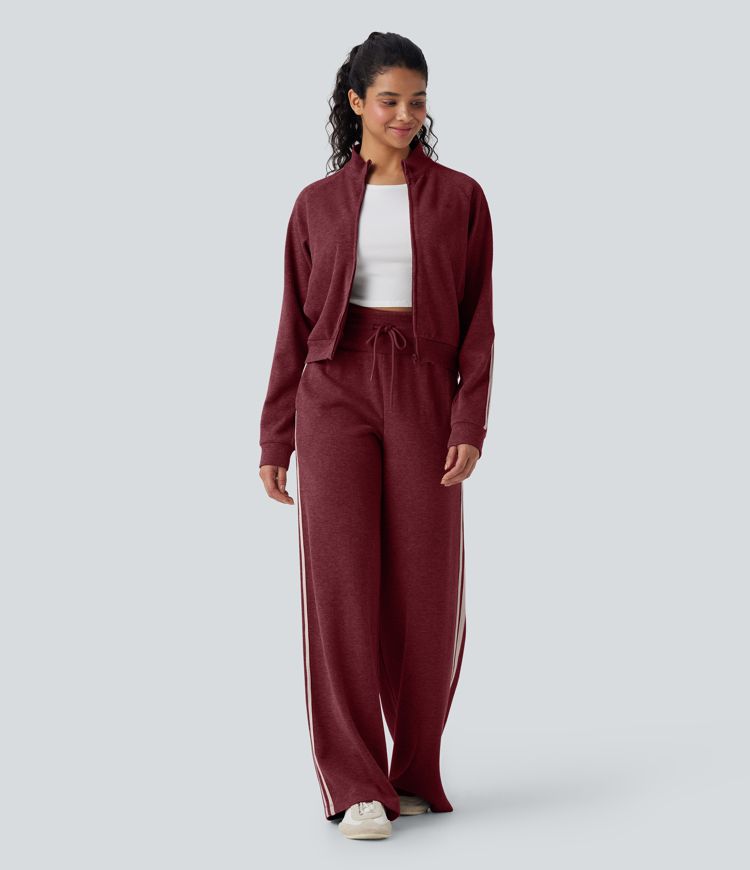 Ribbed High Waisted Tummy Control Drawstring Wide Leg Color Block Fleece Casual Trousers with Pockets