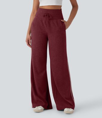 Ribbed High Waisted Tummy Control Drawstring Wide Leg Color Block Fleece Casual Trousers with Pockets