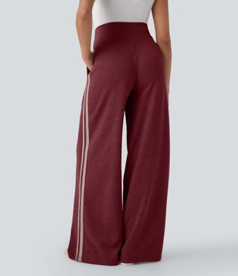 Ribbed High Waisted Tummy Control Drawstring Wide Leg Color Block Fleece Casual Trousers with Pockets