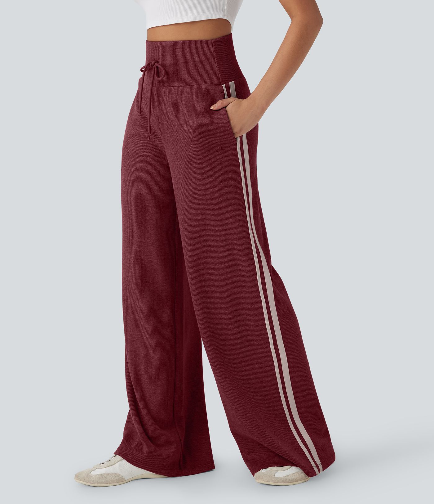 Ribbed High Waisted Tummy Control Drawstring Wide Leg Color Block Fleece Casual Trousers with Pockets