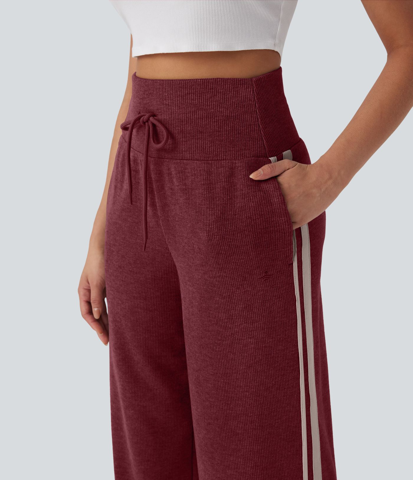 Ribbed High Waisted Tummy Control Drawstring Wide Leg Color Block Fleece Casual Trousers with Pockets