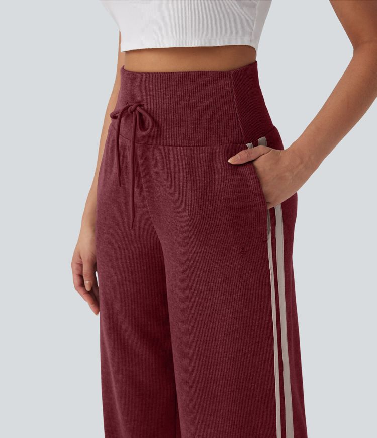 Ribbed High Waisted Tummy Control Drawstring Wide Leg Color Block Fleece Casual Trousers with Pockets
