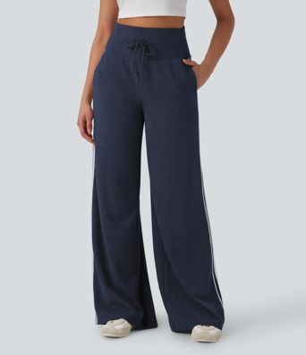 Ribbed High Waisted Tummy Control Drawstring Wide Leg Color Block Fleece Casual Trousers with Pockets