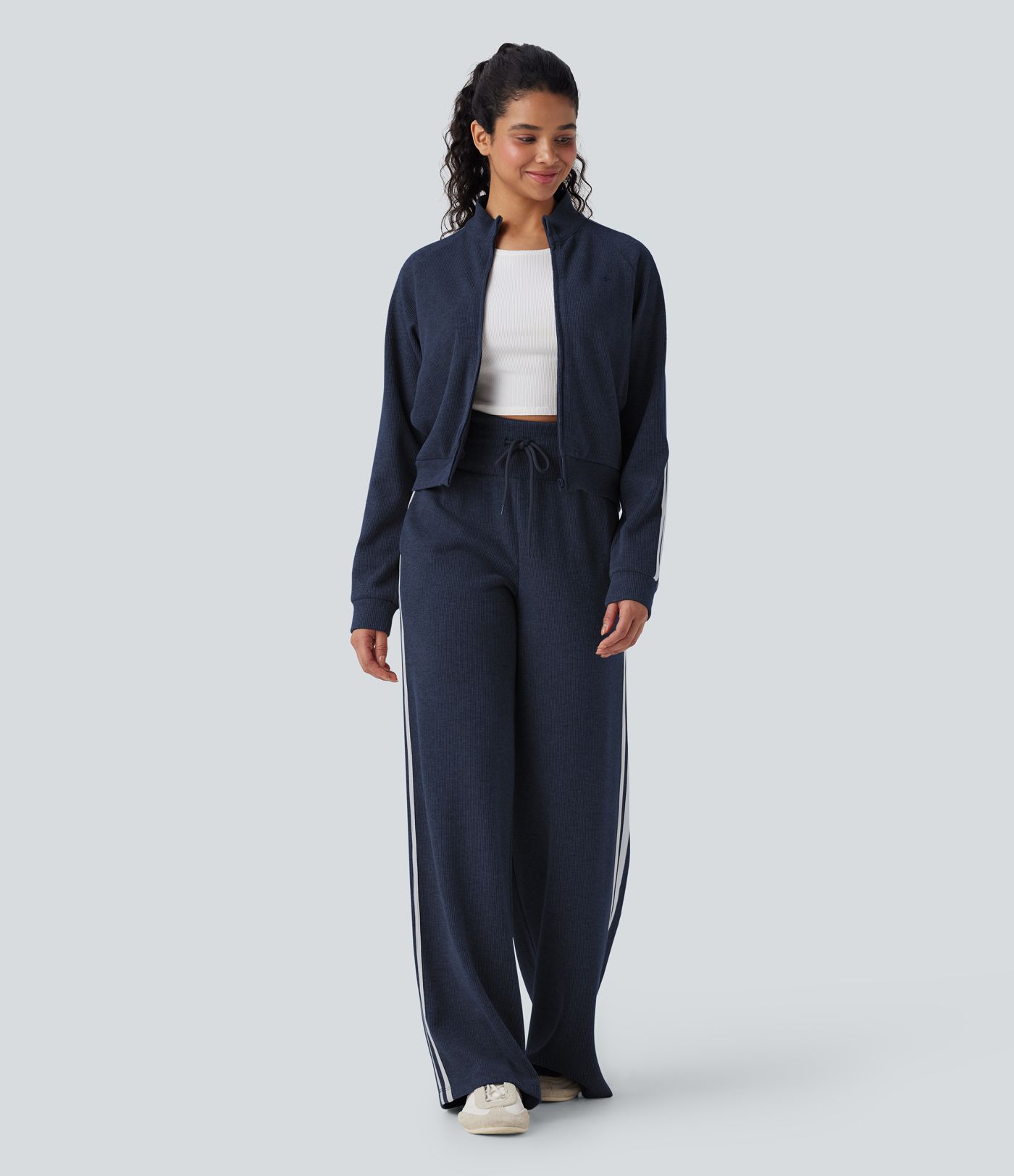 Ribbed High Waisted Tummy Control Drawstring Wide Leg Color Block Fleece Casual Trousers with Pockets