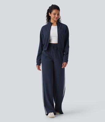 Ribbed High Waisted Tummy Control Drawstring Wide Leg Color Block Fleece Casual Trousers with Pockets