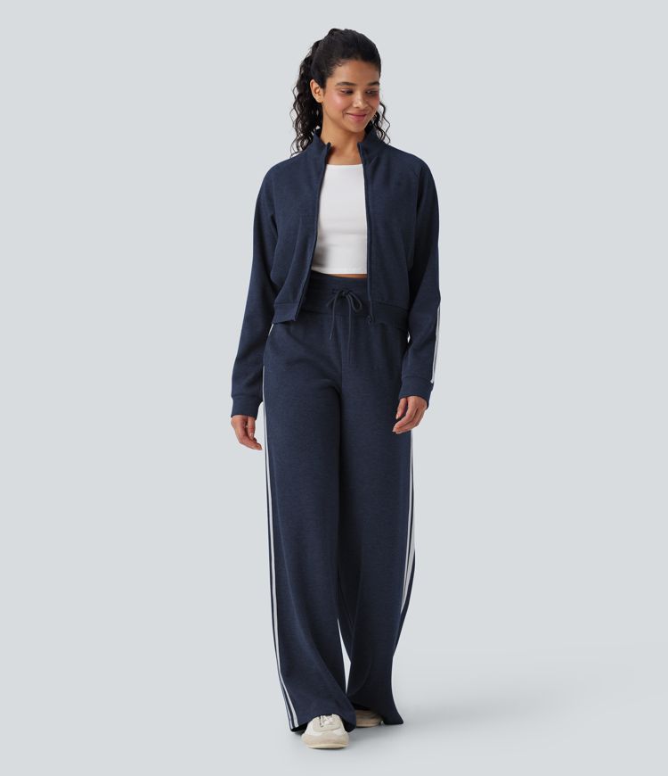 Ribbed High Waisted Tummy Control Drawstring Wide Leg Color Block Fleece Casual Trousers with Pockets