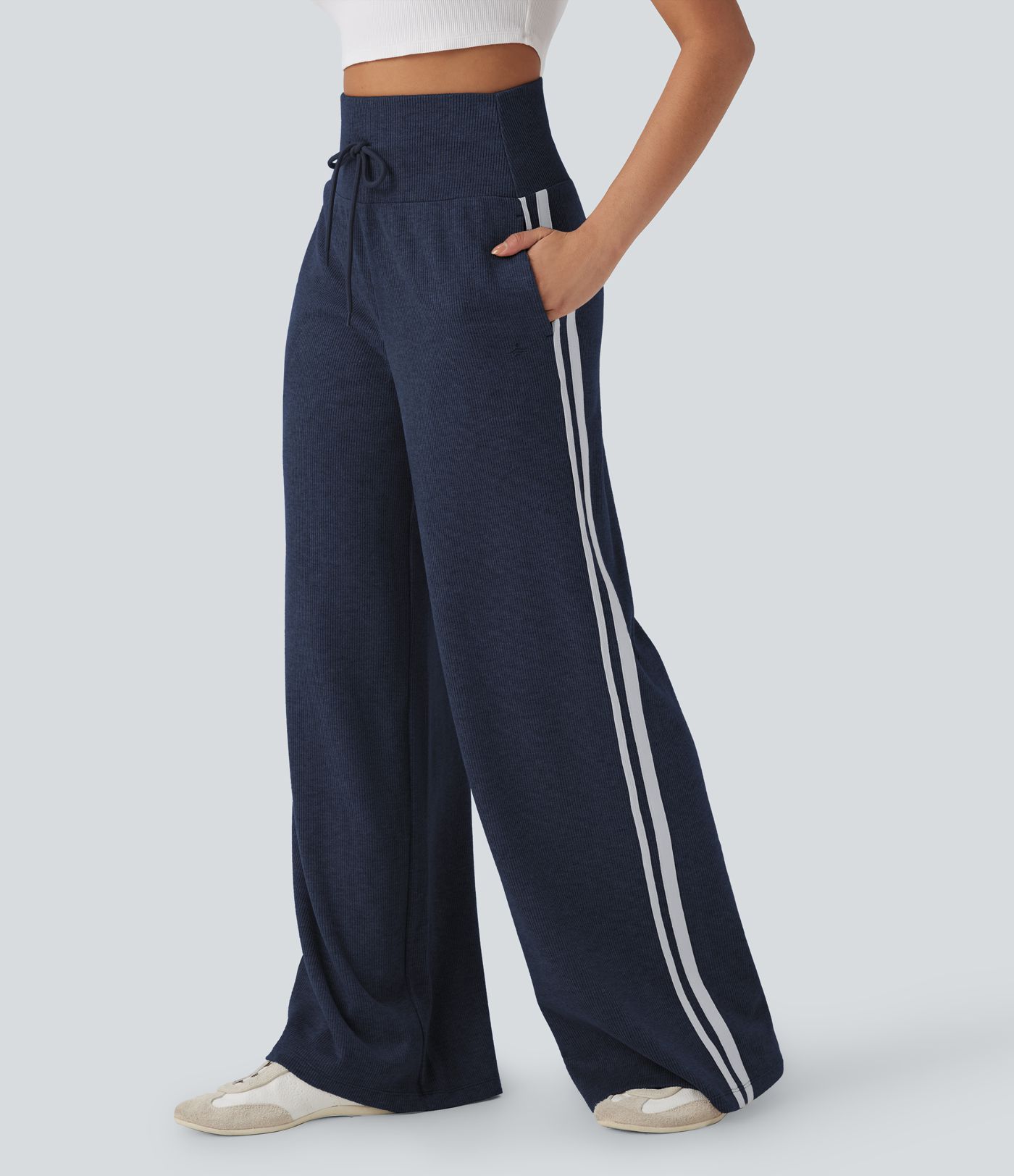 Ribbed High Waisted Tummy Control Drawstring Wide Leg Color Block Fleece Casual Trousers with Pockets
