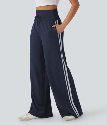 Ribbed High Waisted Tummy Control Drawstring Wide Leg Color Block Fleece Casual Trousers with Pockets