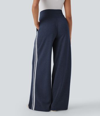 Ribbed High Waisted Tummy Control Drawstring Wide Leg Color Block Fleece Casual Trousers with Pockets